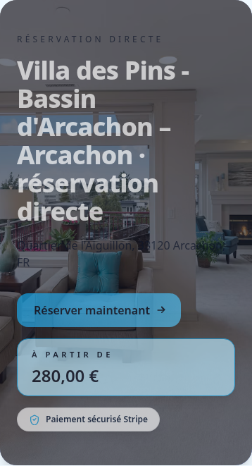 Aperçu réel du mini-site de démonstration Villa des Pins : photo du logement, tarif et bouton de réservation.