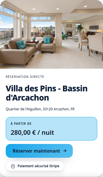 Aperçu réel du mini-site de démonstration Villa des Pins : photo du logement, tarif et bouton de réservation.